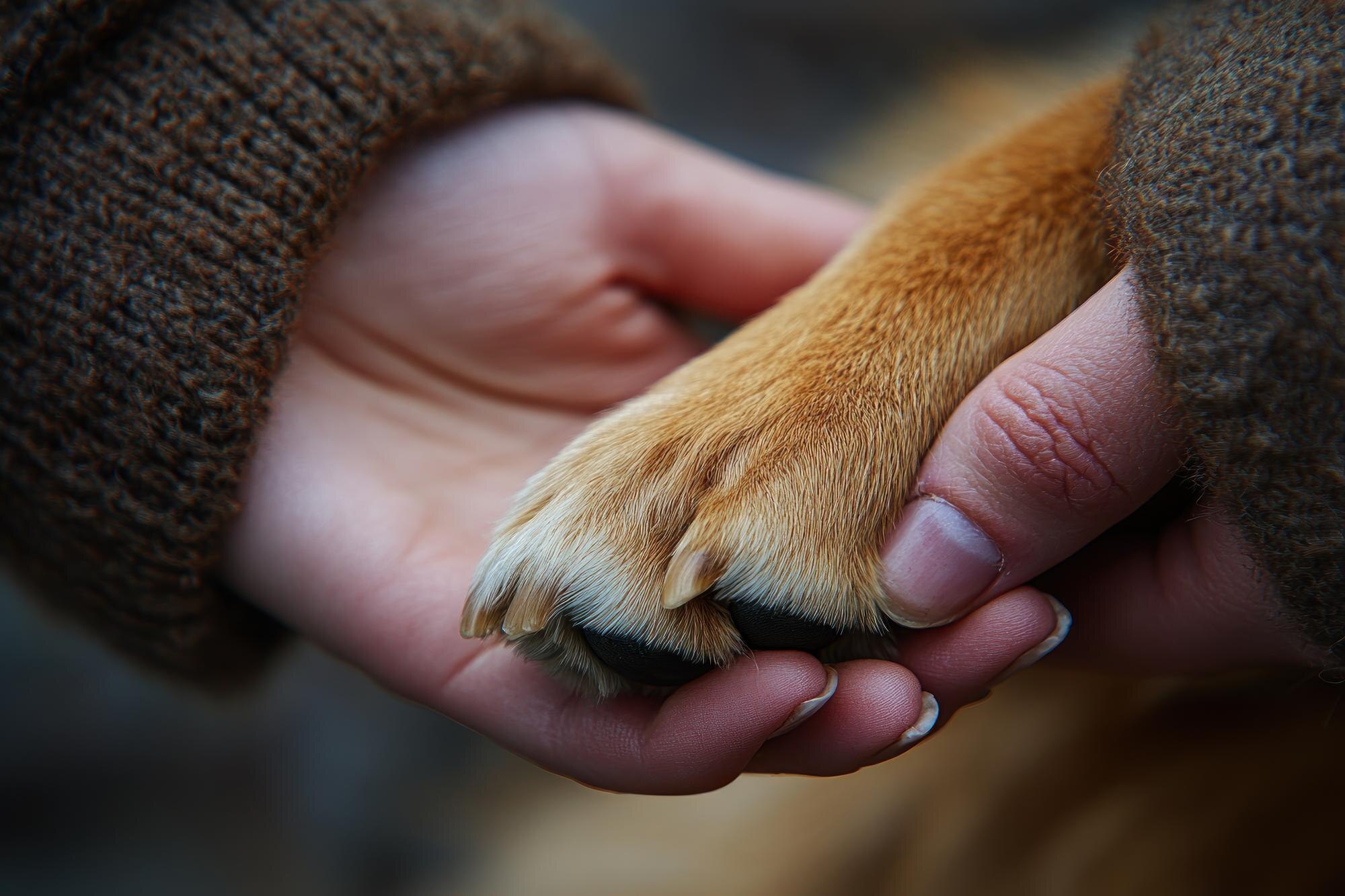 Manos sosteniendo la pata de un perro | Preguntas frecuentes sobre cremación de mascotas