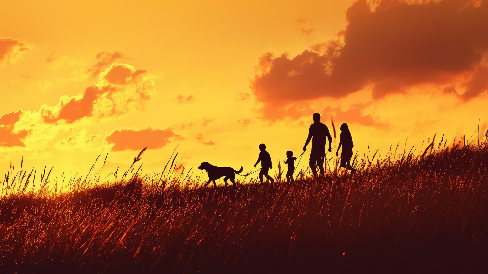 Familia caminando con su perro al atardecer | Huellas en el Paraíso