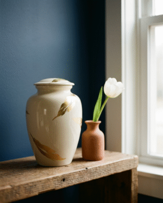 Urna cerámica memorial con tulipán blanco — Huellas en el Paraíso